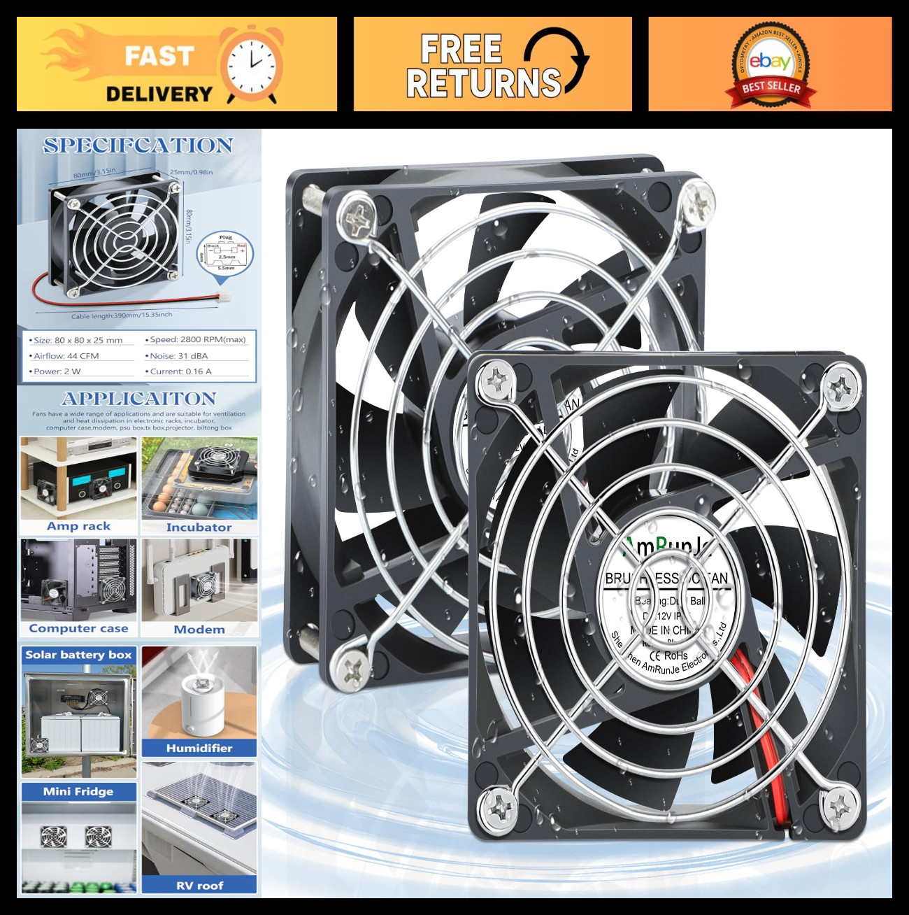 IP67 80mm Dual Ball Bearing DC Cooling Fan - 2pcs for Electronics, AV Cabinet, R