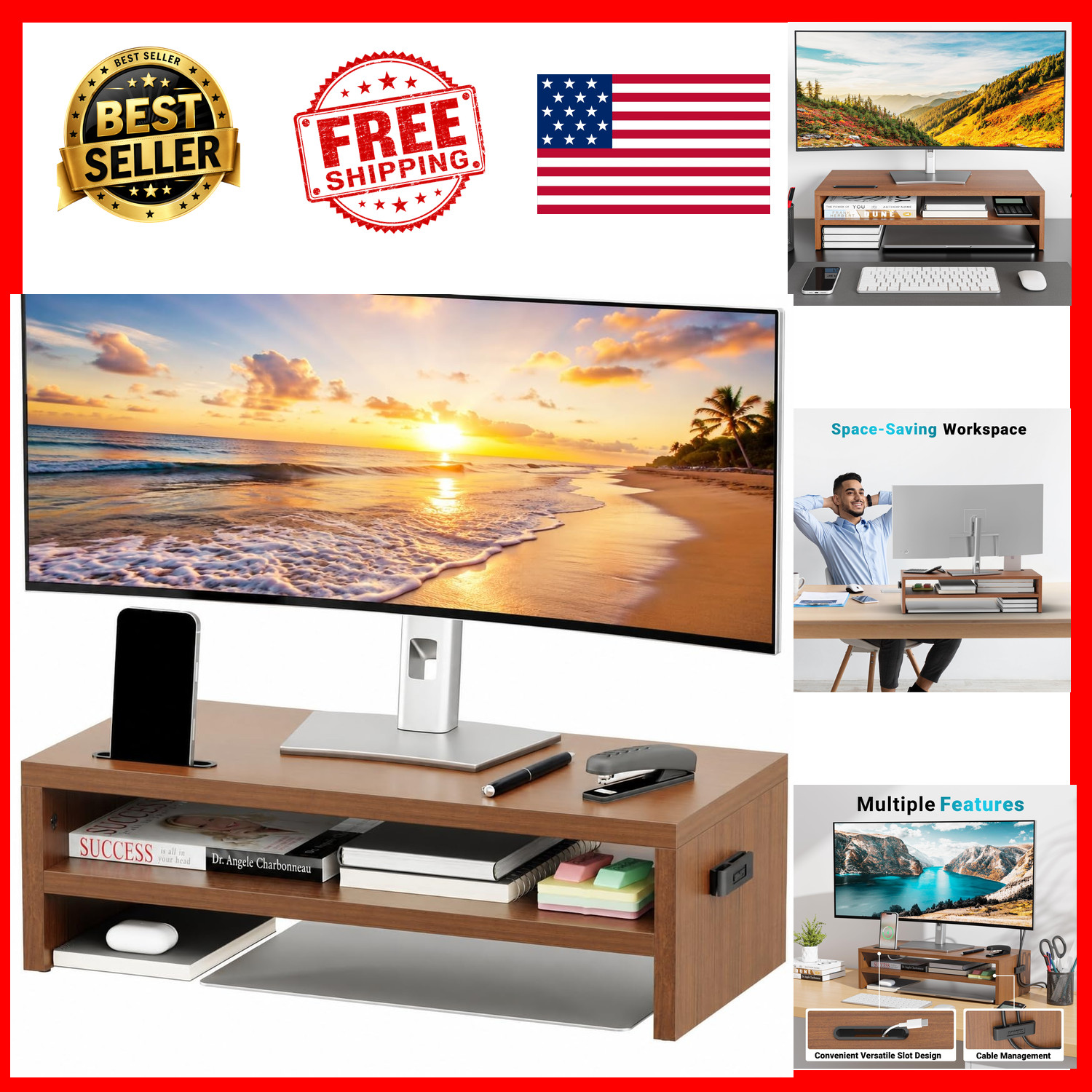 Monitor Stand Riser 2-Tier Desktop Organizer 21.3 Inch MDF Wood Walnut Finish