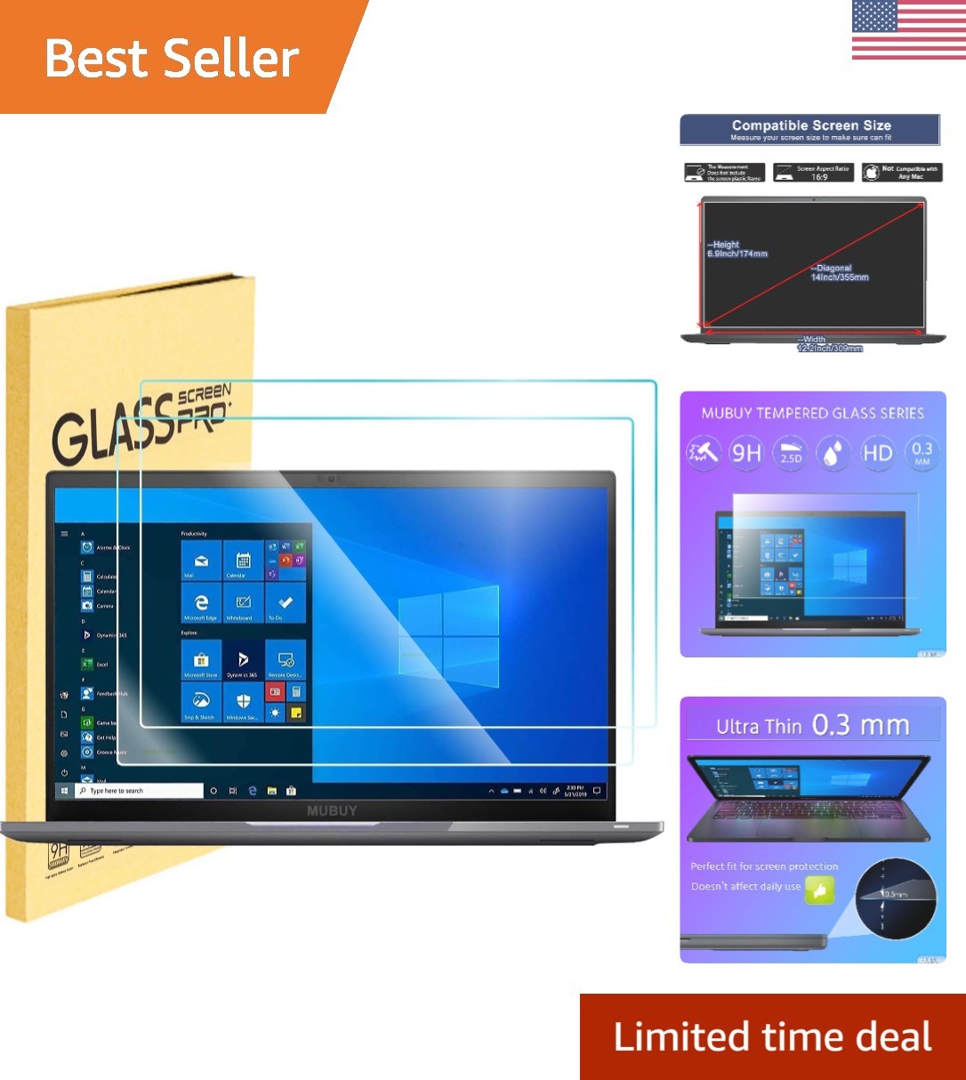 2-Pack 14" Tempered Glass Laptop Screen Protector, 9H Hardness & Anti-Fingerp...