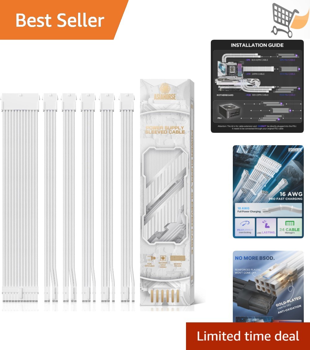 Power Supply Sleeved Cable Kit 16AWG White For PC Gaming Build Extension