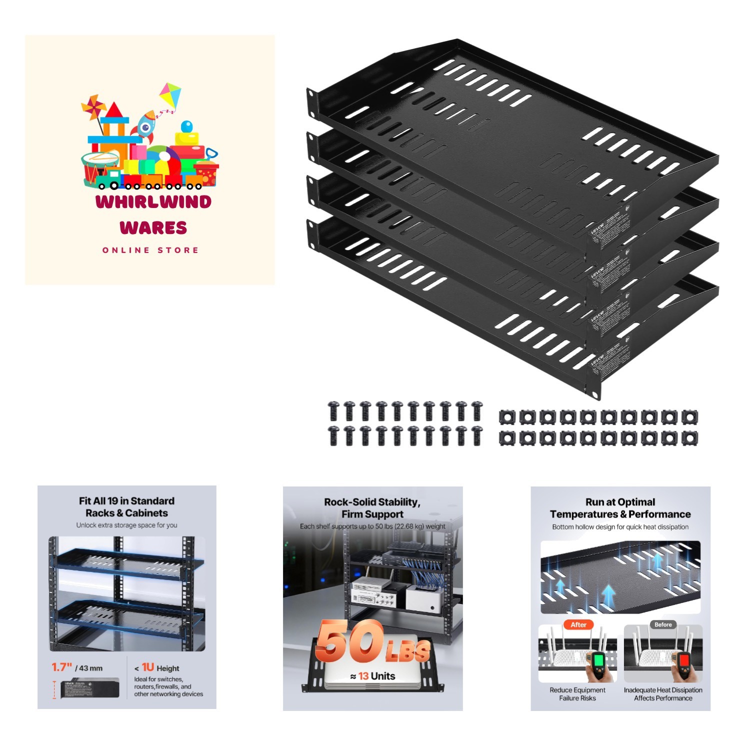 Sturdy 1U Server Rack Shelves with Vented Design - Quick Installation, Set of 4