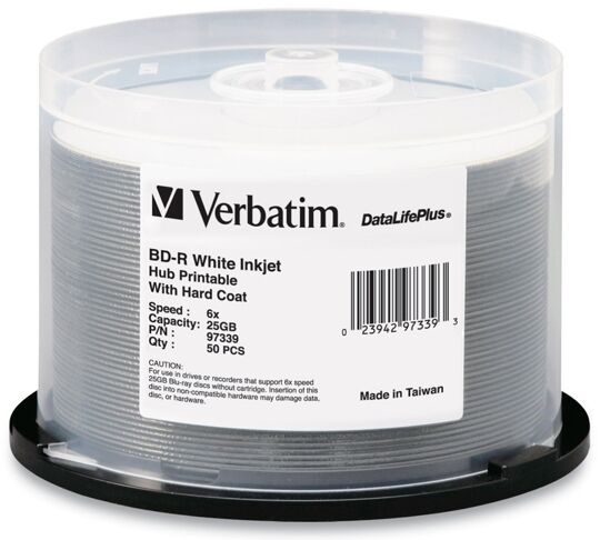 50-Pak 25GB Verbatim 6X =WHITE INKJET HUB PRINTABLE= BLU-RAY BD-R's, #97339