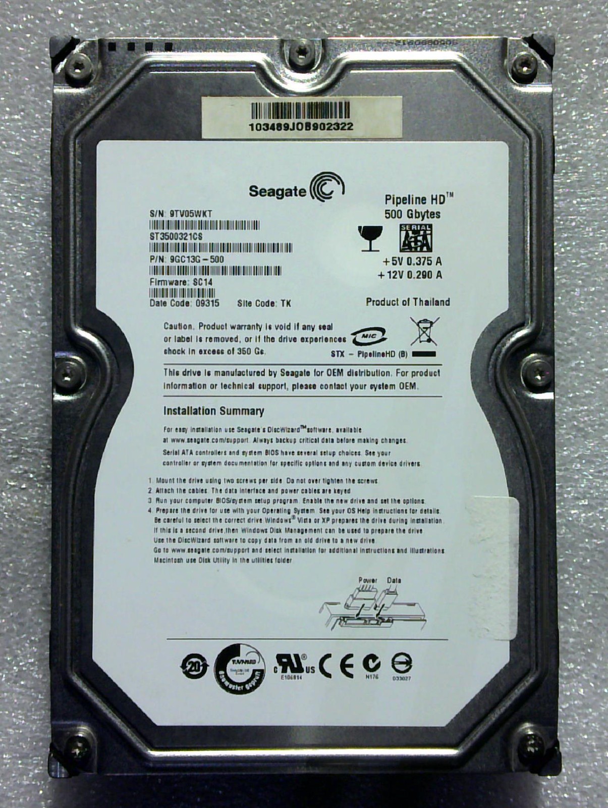 Seagate F3 - ST3500321CS - 500GB - 9GC13G-500 - 58 61 - SN: 9TV05WKT