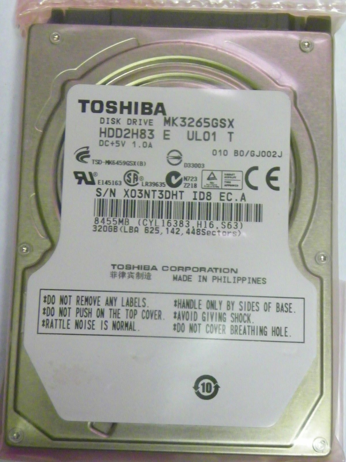 Toshiba MK3265GSX (HDD2H83 E UL01 T) 010 B0/GJ002J Laptop 2.5" 320GB SATA HDD