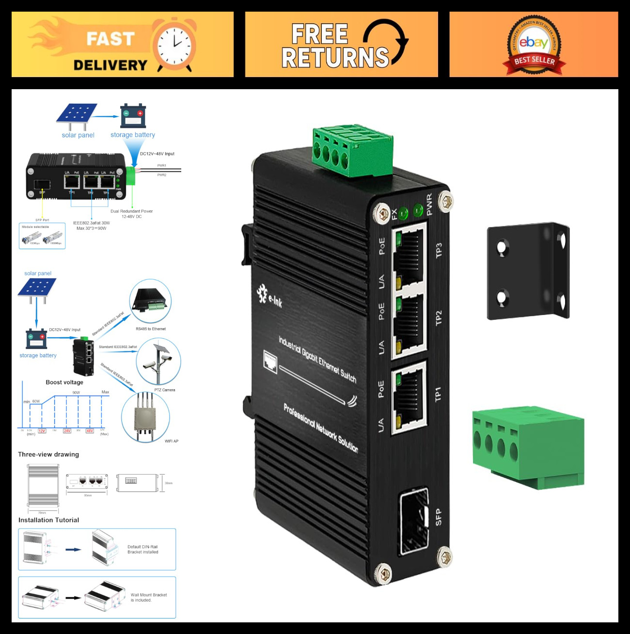 4-Port Gigabit Industrial PoE Switch, Solar Powered, 100/1000M SFP, Din Rail/Wal