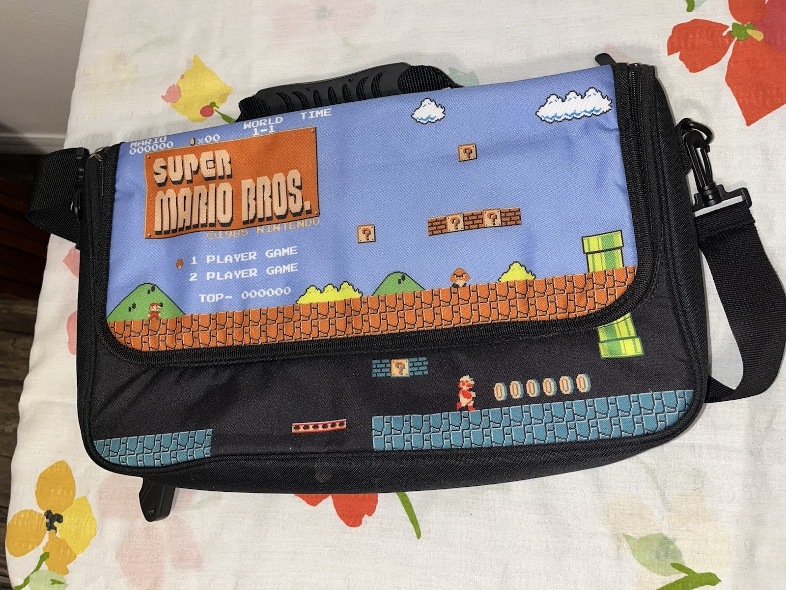 Super Mario Bros Video Game Pattern Laptop Bag Black/Blue Shoulder Strap