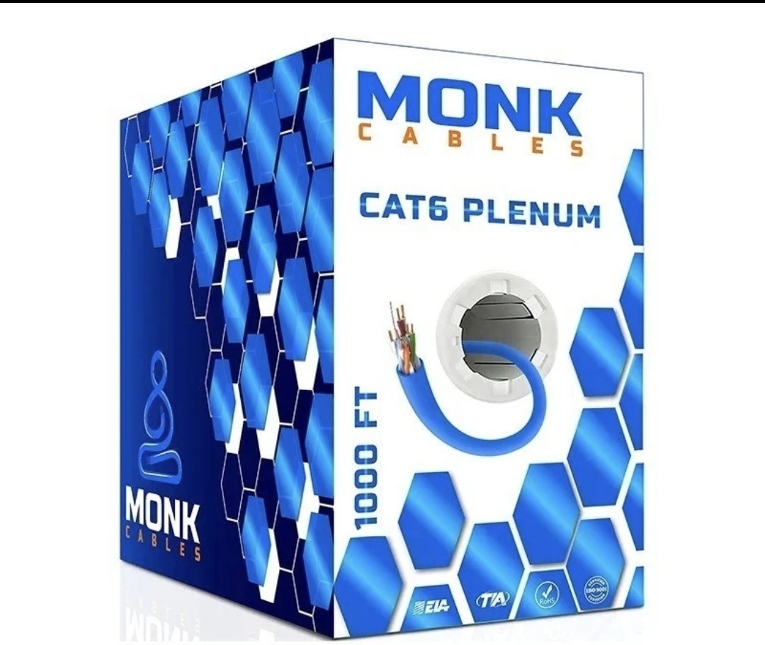 Monk Cables Cat6 Plenum CMP Rated Jacket 1000ft UTP 550MHz 23AWG Ethernet Blue