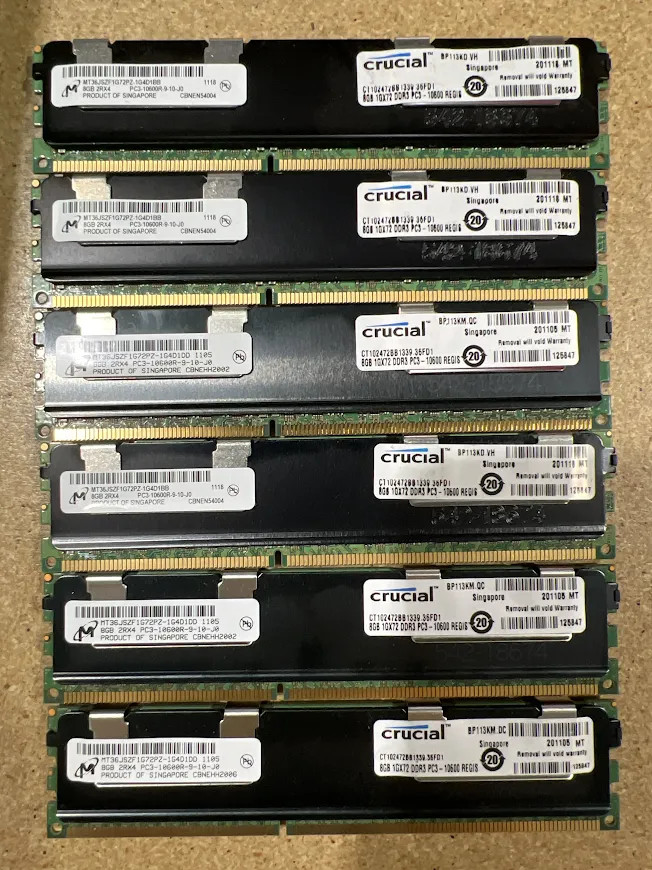  LOT OF 6-Crucial CT102472BB1339.36FD1 8GB 2Rx4 PC3-1060 (6x8GB=48GB) Server Ram