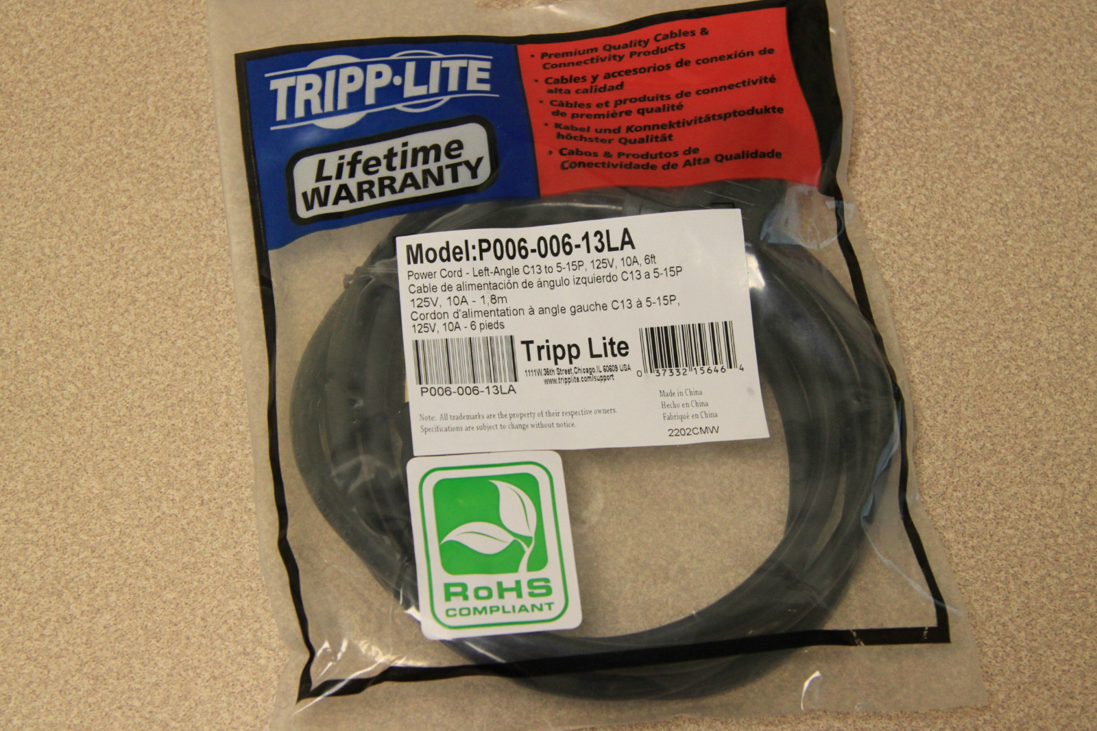 Tripplite P006-006-13LA  6 ft Left Angle 10A Power Cord