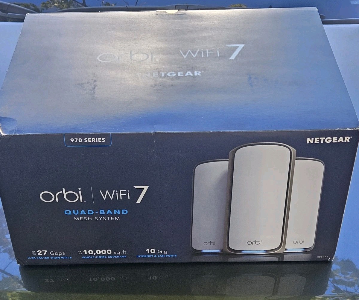 NETGEAR Orbi WiFi 7 970 Series Quad-Band Mesh Router White 4-Port LAN Satellite 