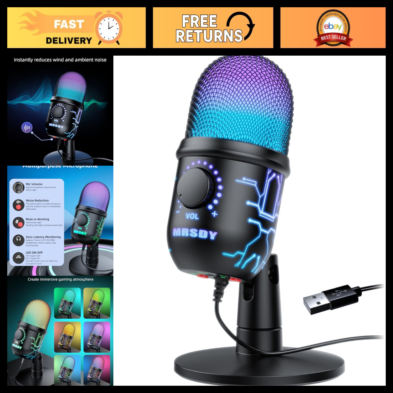 USB Gaming Microphone for PC - Noise Reduction, Mute, Gain Control, RGB Lighting