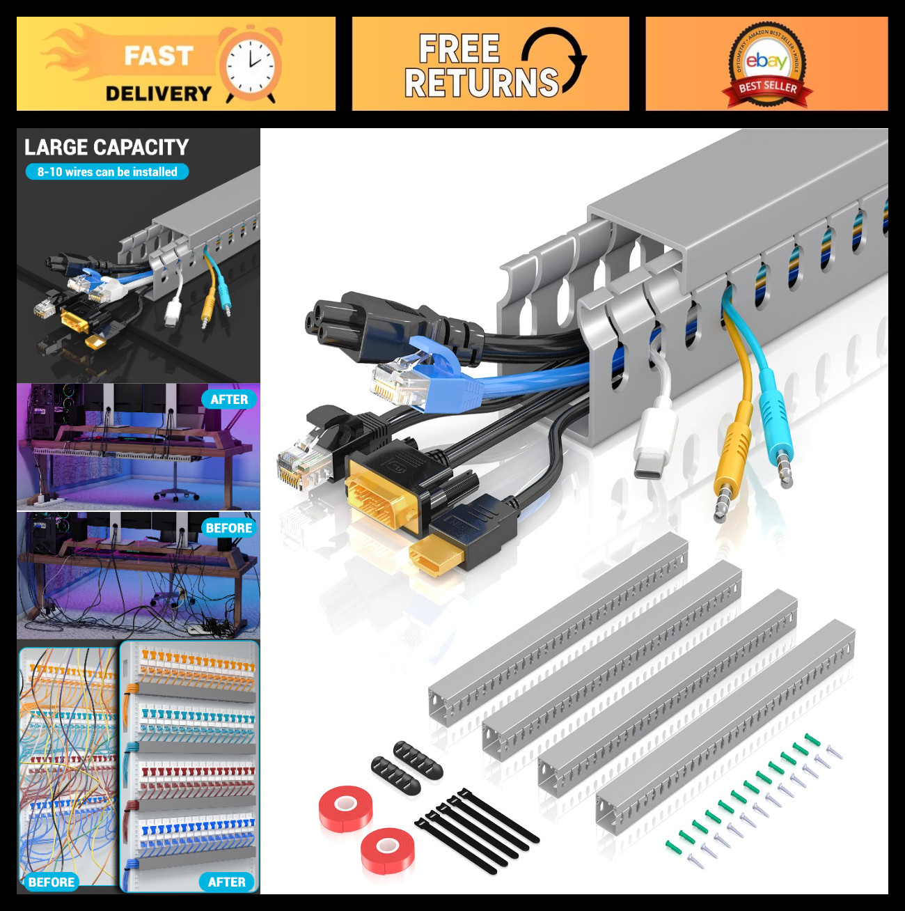 Open Slot Wire Duct Kit 62.8” - Cable Management Raceway for HDMI VGA, 4 Pack, G