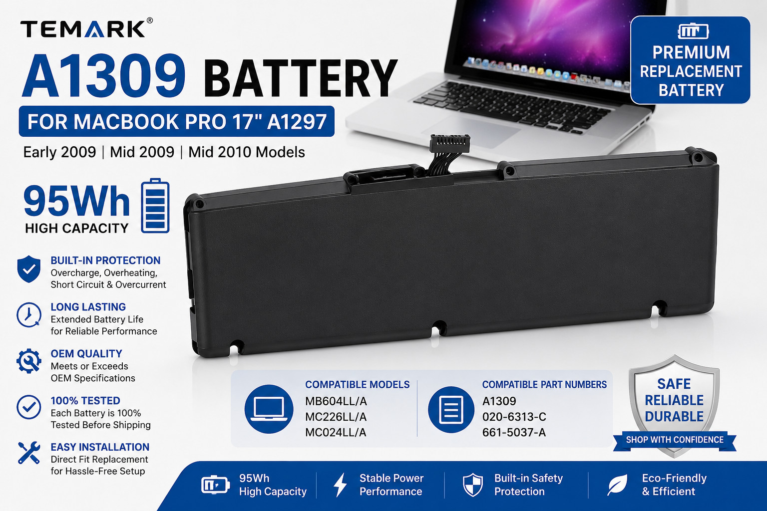 A1309 Li-Ion Battery for MacBook Pro 17" A1297 Early/Mid 2009 Mid 2010 95Wh New