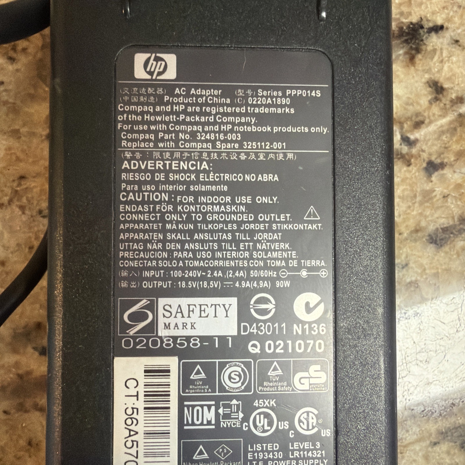 HP Laptop 90W 324816-003 325112-001 AC Power Adapter 18.5V 4.9A + Power Cord