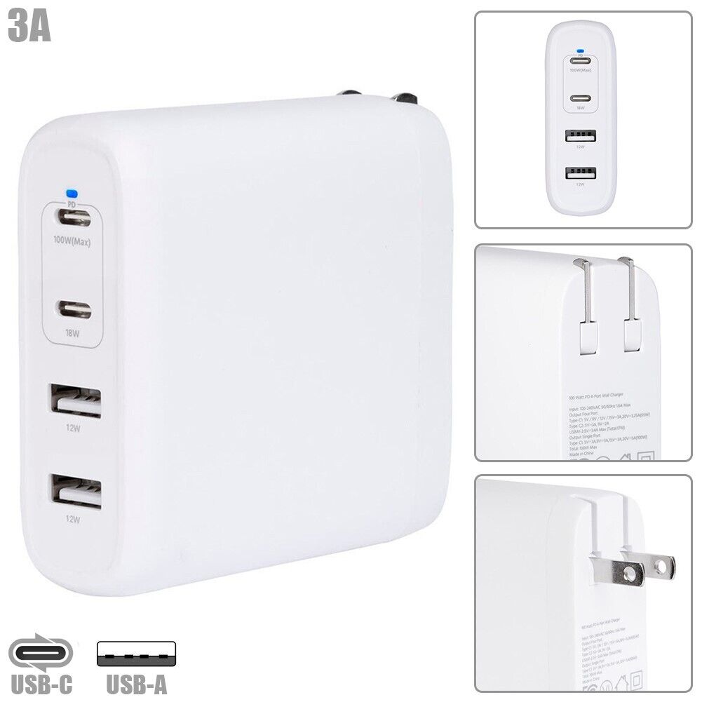 3A 4-Port Wall Charger Fast Charge USB-C USB-A 100W Power Delivery Foldable GaN