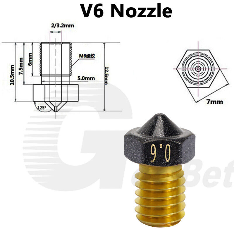 0.2-1.2mm Brass Extruder Nozzle 3D Printer V6 MK8 Volcano Nozzle M6 PTFE Coated