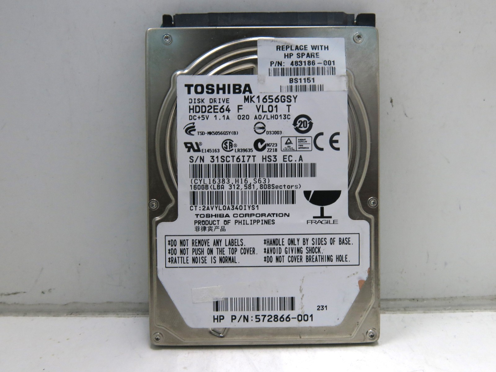 Toshiba MK1656GSY 160GB 7200RPM SATA 3.0Gb/s 2.5 Laptop HDD HP 483186-001