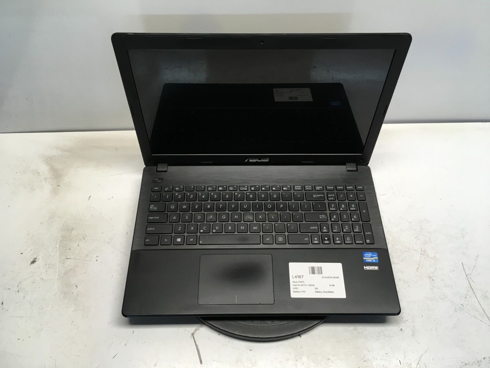 Asus F551C Laptop Intel i3-3217U 1.8GHz 6 GB NO HDD No Batt