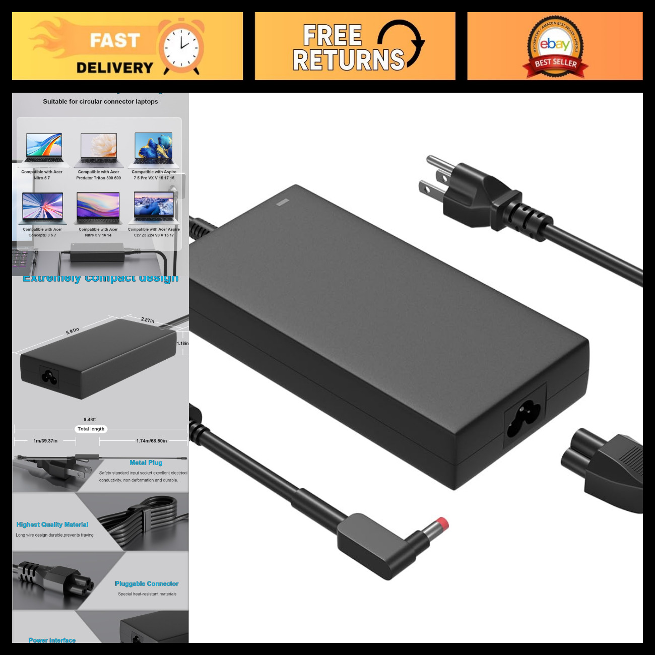 180W AC Laptop Charger for Acer Nitro 5 Series - Replacement Power Adapter, 135W