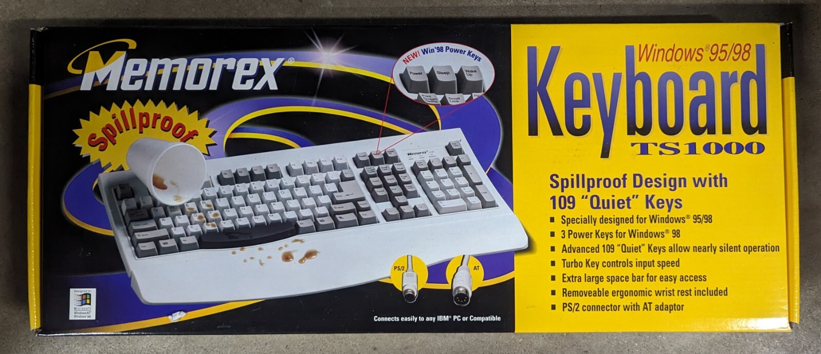 Vintage Memorex Windows 95/98 Keyboard TS1000 Spillproof 109 Quite Keys