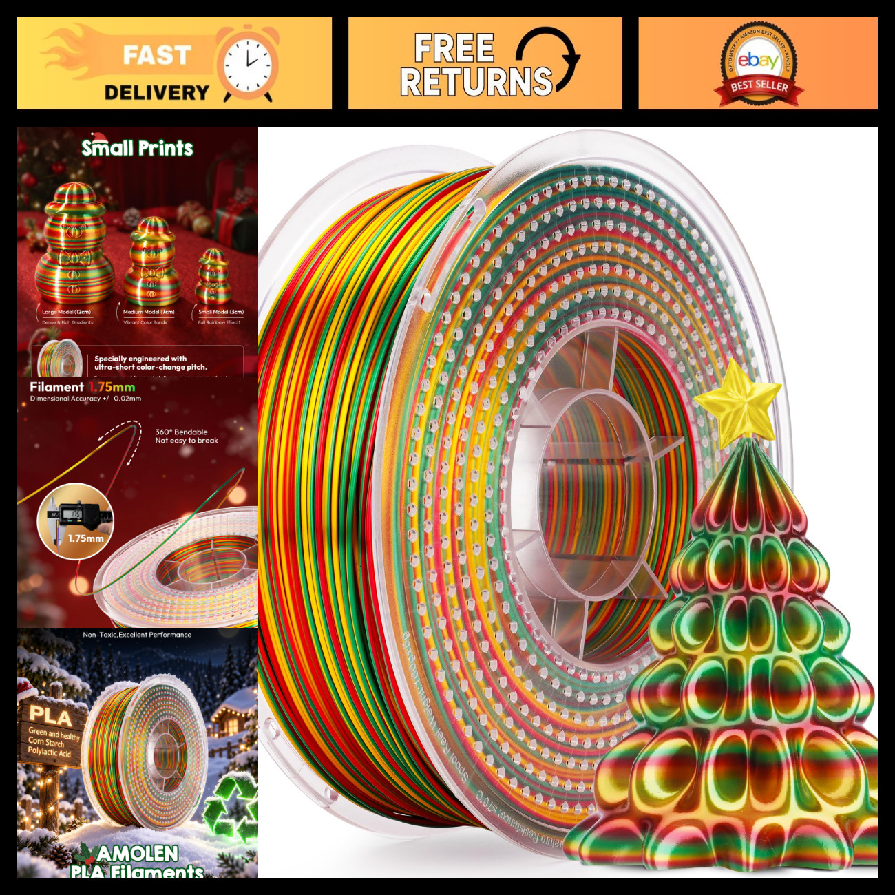 Silk PLA 3D Printer Filament - Gold, Red, Green for Christmas - 1kg High-Quality