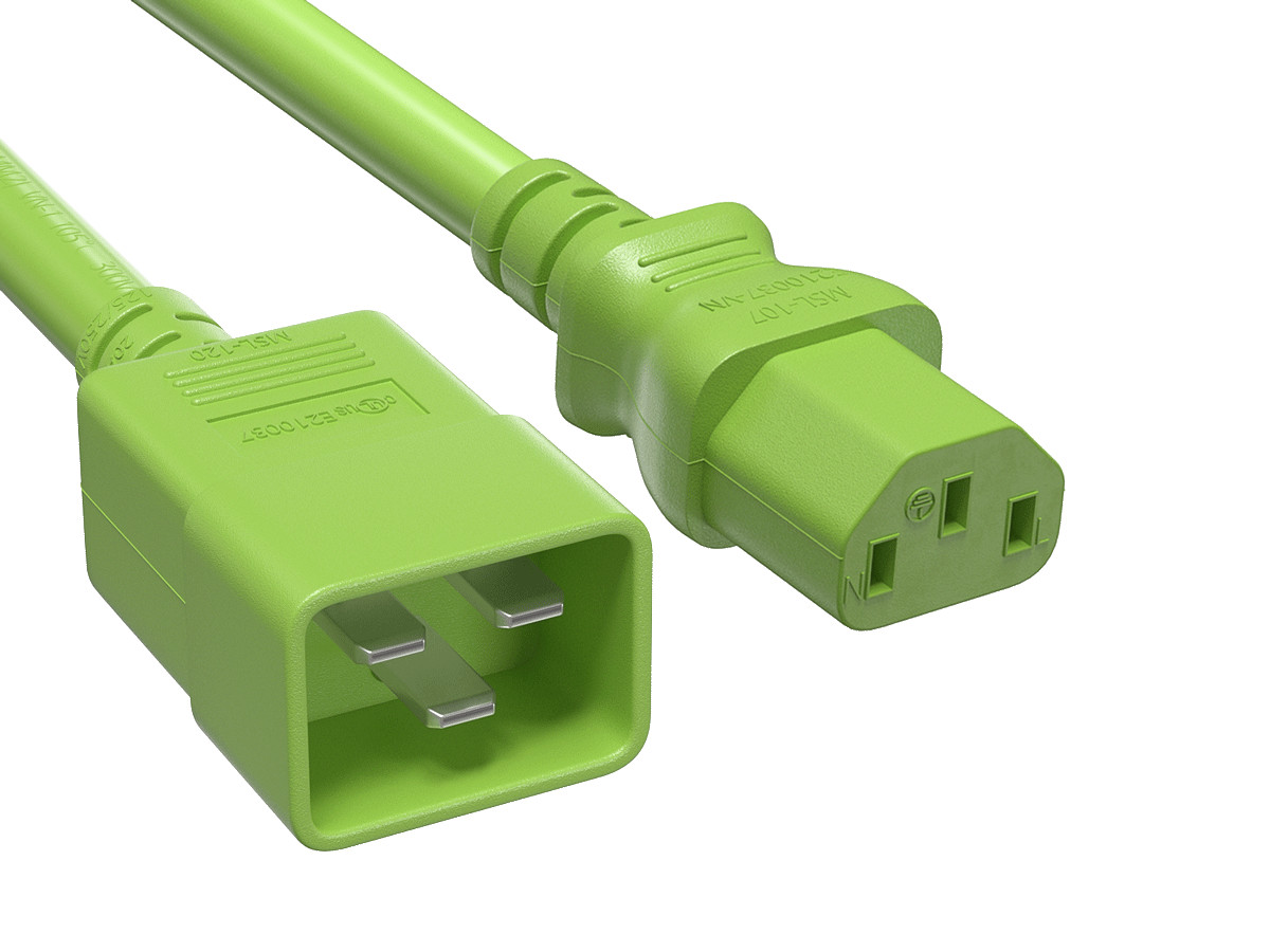 3ft IEC320 C20 to C13 Power Cord, 14AWG, 15A/250V, SJT, Green
