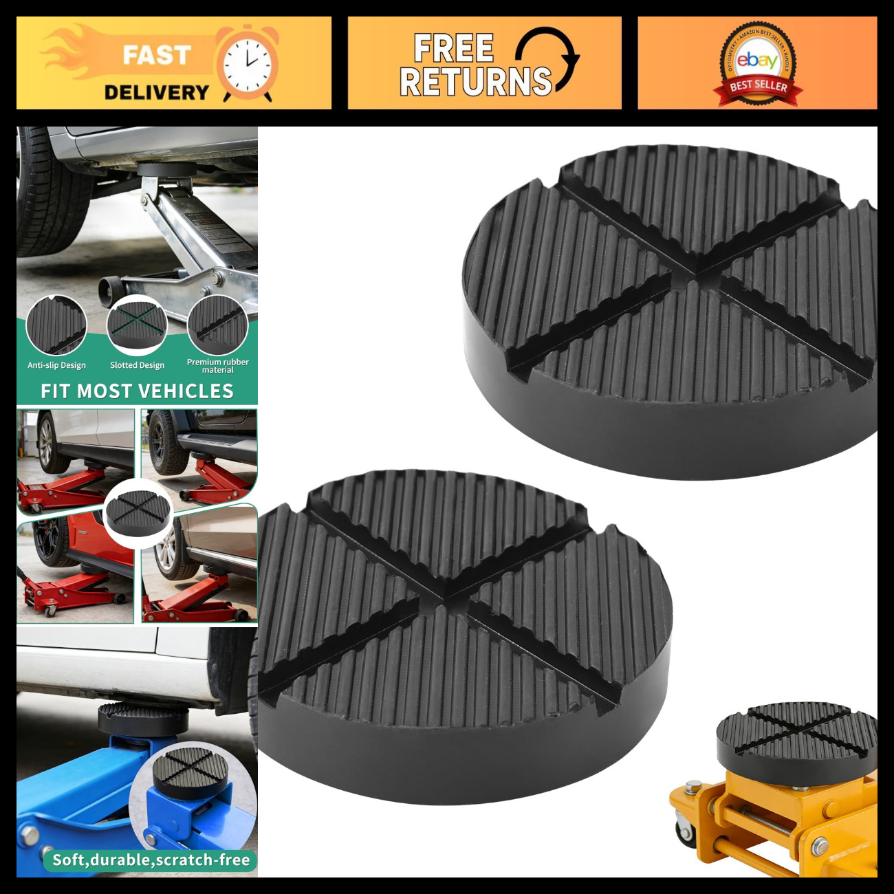 Universal Floor Jack Rubber Pad Adapter for Pinch Weld & Frame Rail - 2 Pack