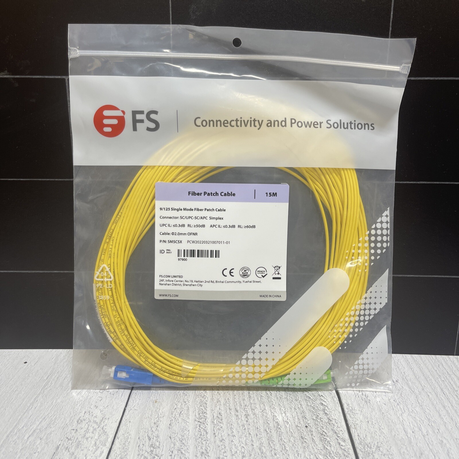 FS 9/125 OS2 Single Mode Fiber Patch Cable SC/UPC-SC/APC Simplex 15M New