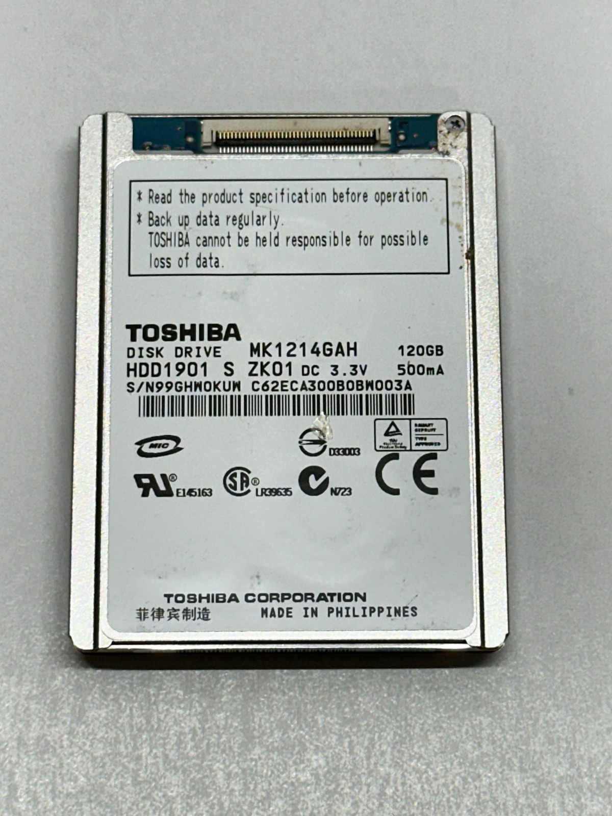 Toshiba 120GB MK1214GAH 1.8" CE hard drive for notebook/ IPOD/ Video camera.