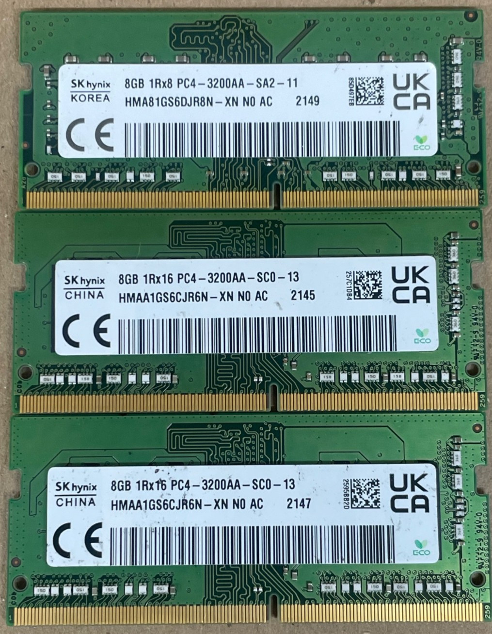 LOT OF 3 Brand SK hynix Memory RAM 8GB  1Rx16 PC4-3200AA (3x8GB) 24GB total
