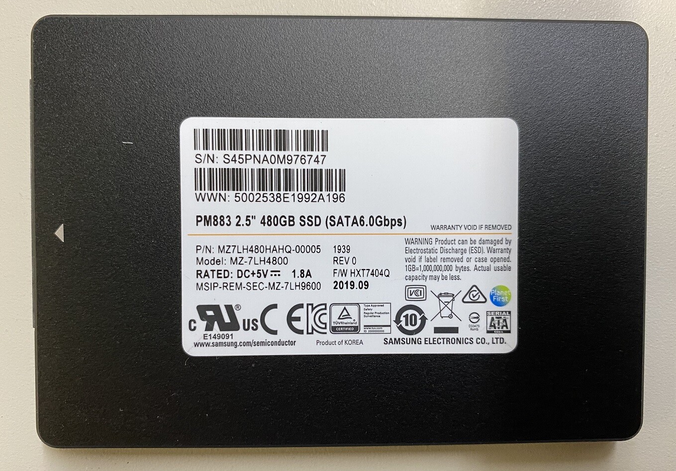 MZ-7LH4800 MZ7LH480HAHQ-00005 480GB PM883 SSD SATA 6.0Gbps Enter Read Inten