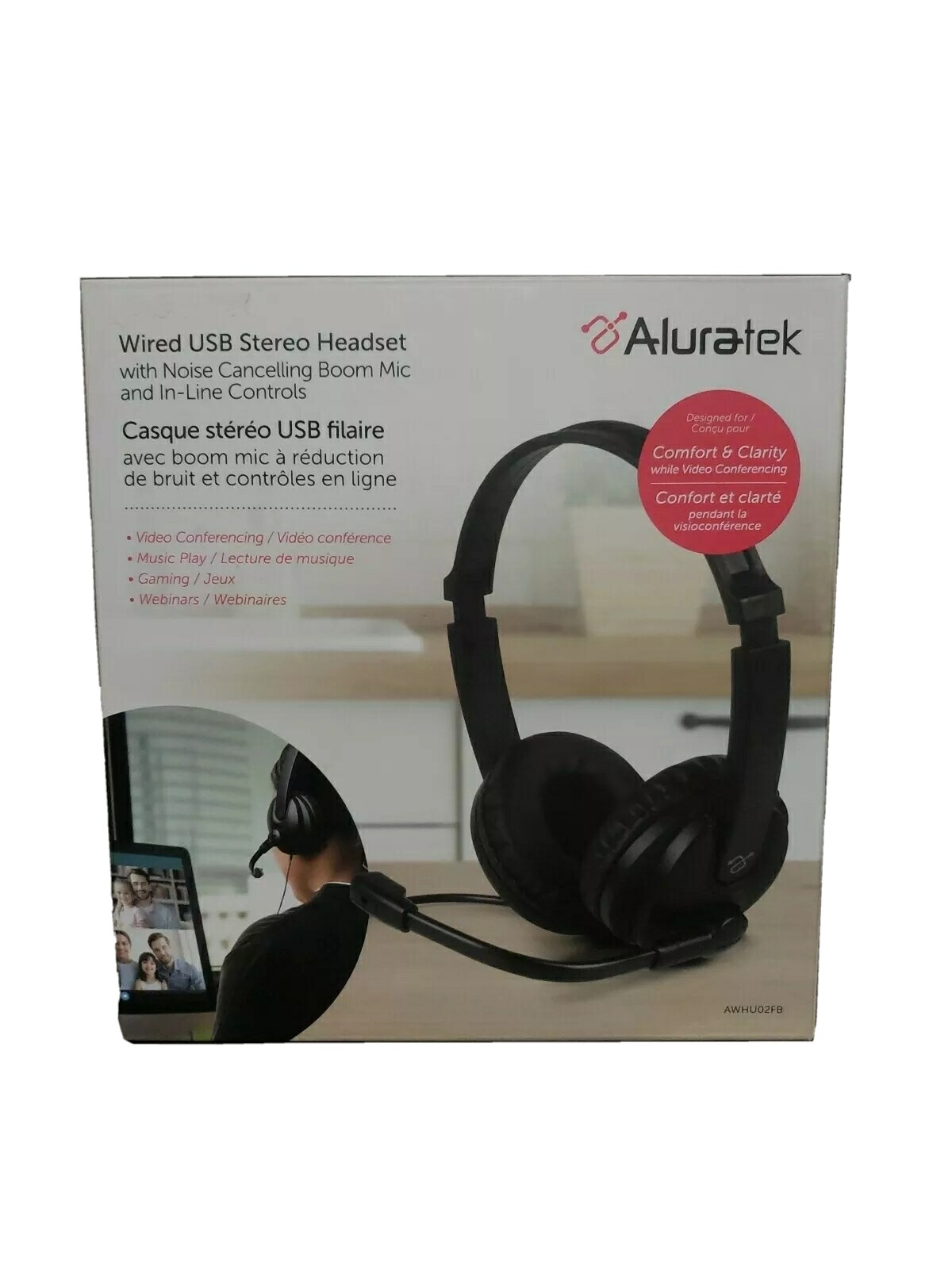 Brand New Sealed Aluratek - Wired USB Stereo Headset with Boom Mic - Black