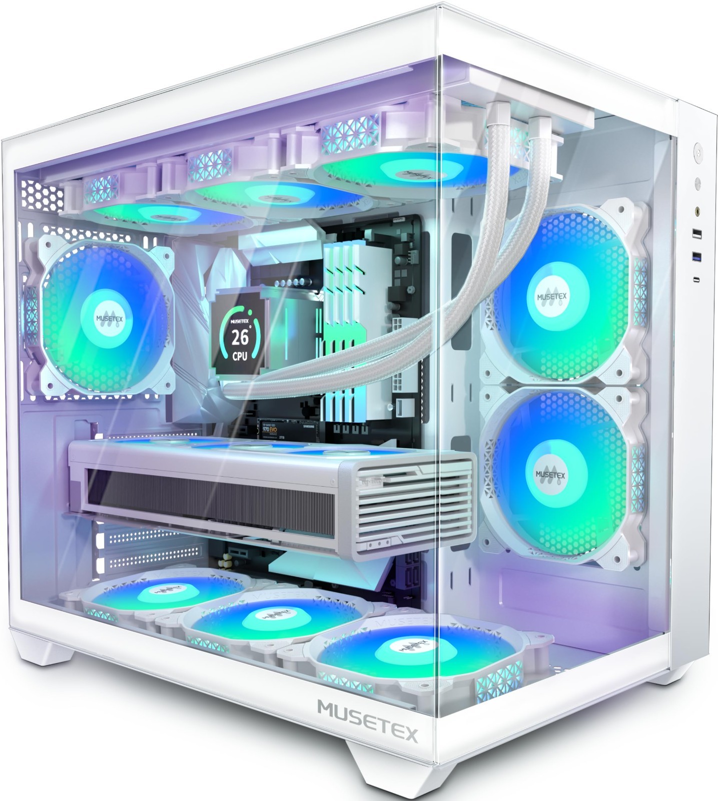 Y6 White ATX Mid Tower PC Case Tempered Glass 360mm Radiator Type-C