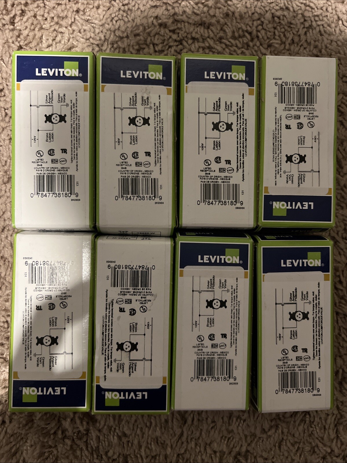 Lot Of 8 LEVITON White Tamper Resistant OUTLET 20 Amp 125 Volt T5020-0WS