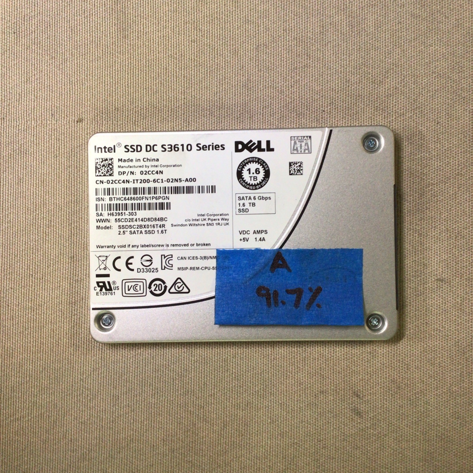 Dell Intel DC S3610 1.6TB SATA 2.5in SSD SSDSC2BX016T4R 91+% HEALTH NIST WIPED A