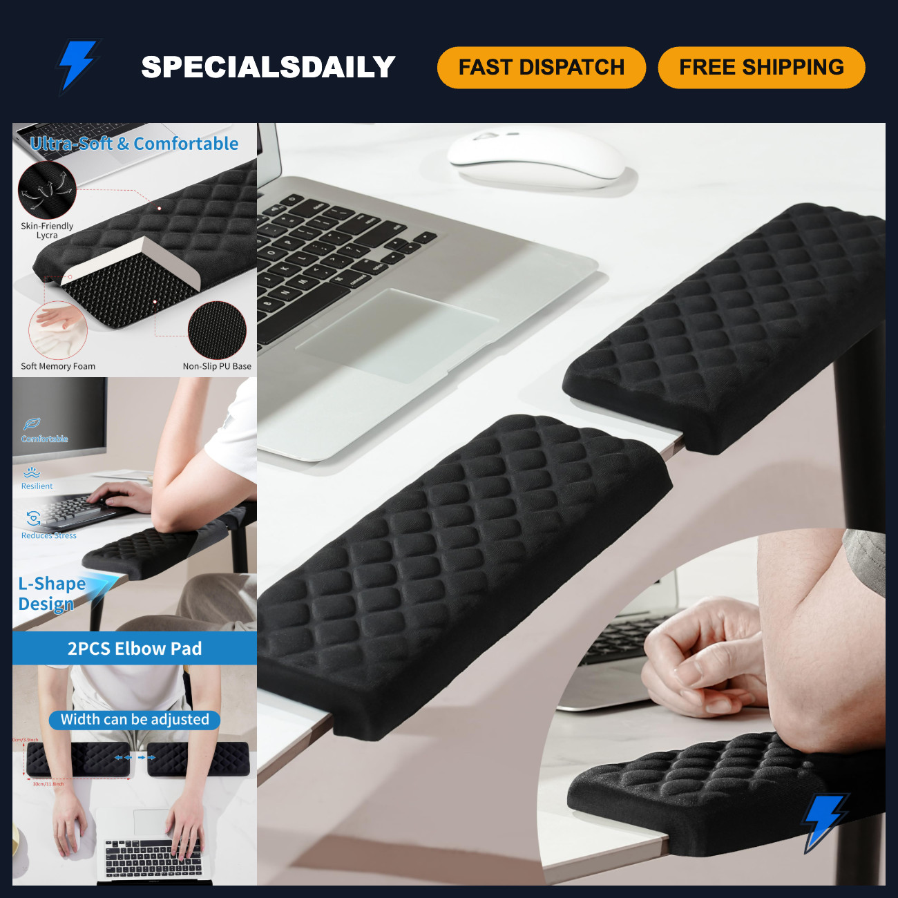Ergonomic L-Shaped Desk Elbow Pad - Memory Foam Support Cushion, Non-Slip, 2 Pcs