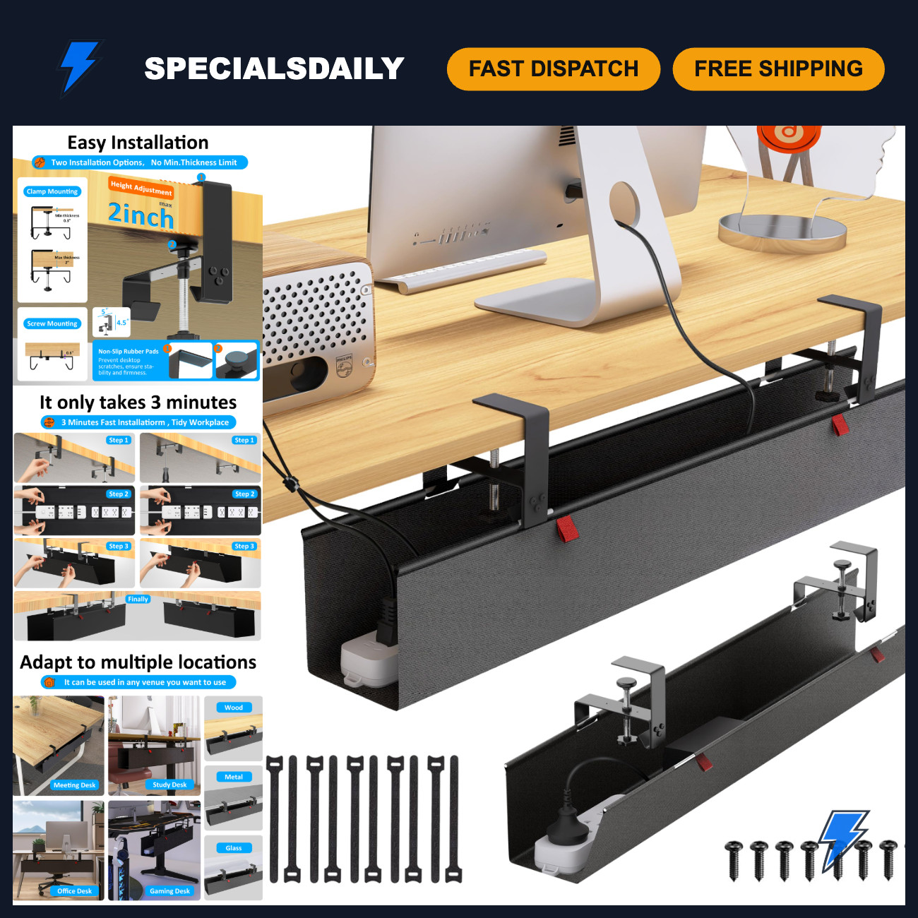 Under Desk Cable Management Tray - Cord Organizer for Home/Office - 35.8"x5.6