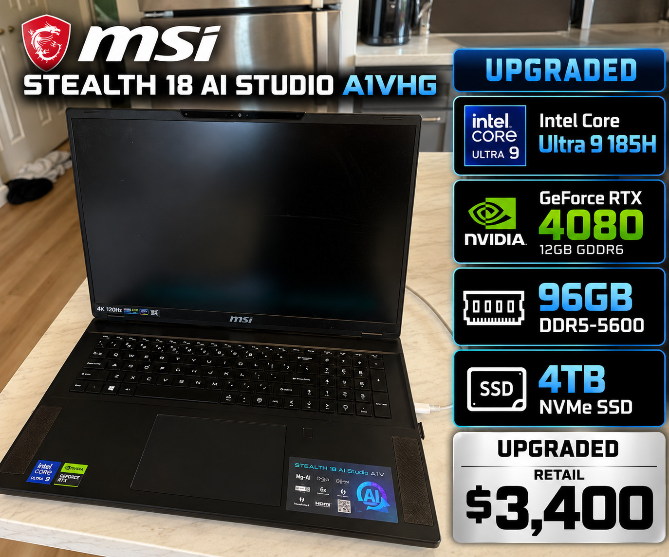 MSI Stealth 18 AI Studio A1VHG – RTX 4080 | 96GB RAM | 4TB SSD | Core Ultra 9