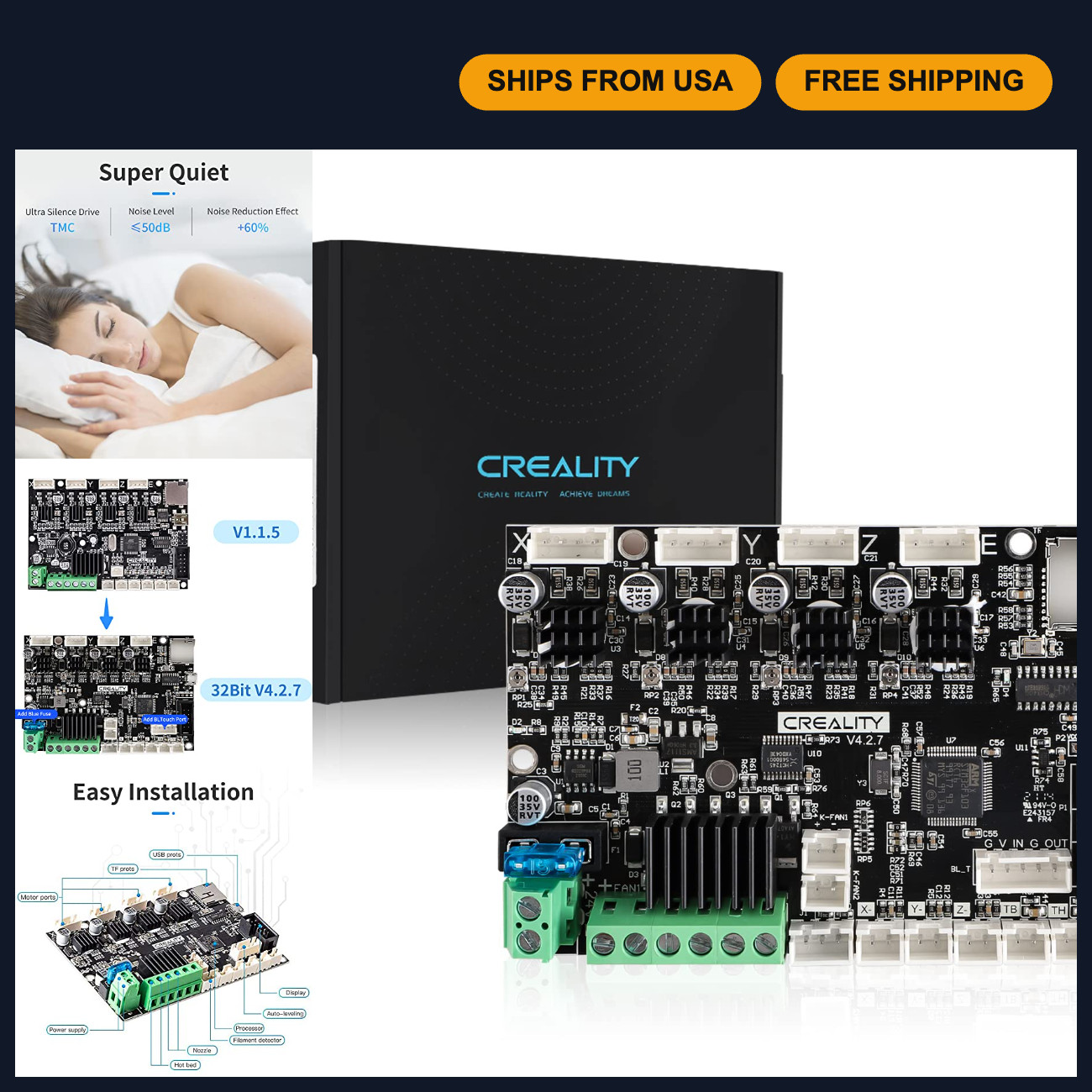 Upgraded 3D Printer Silent Motherboard V4.2.7 with TMC2225 Driver for Ender 3 Se