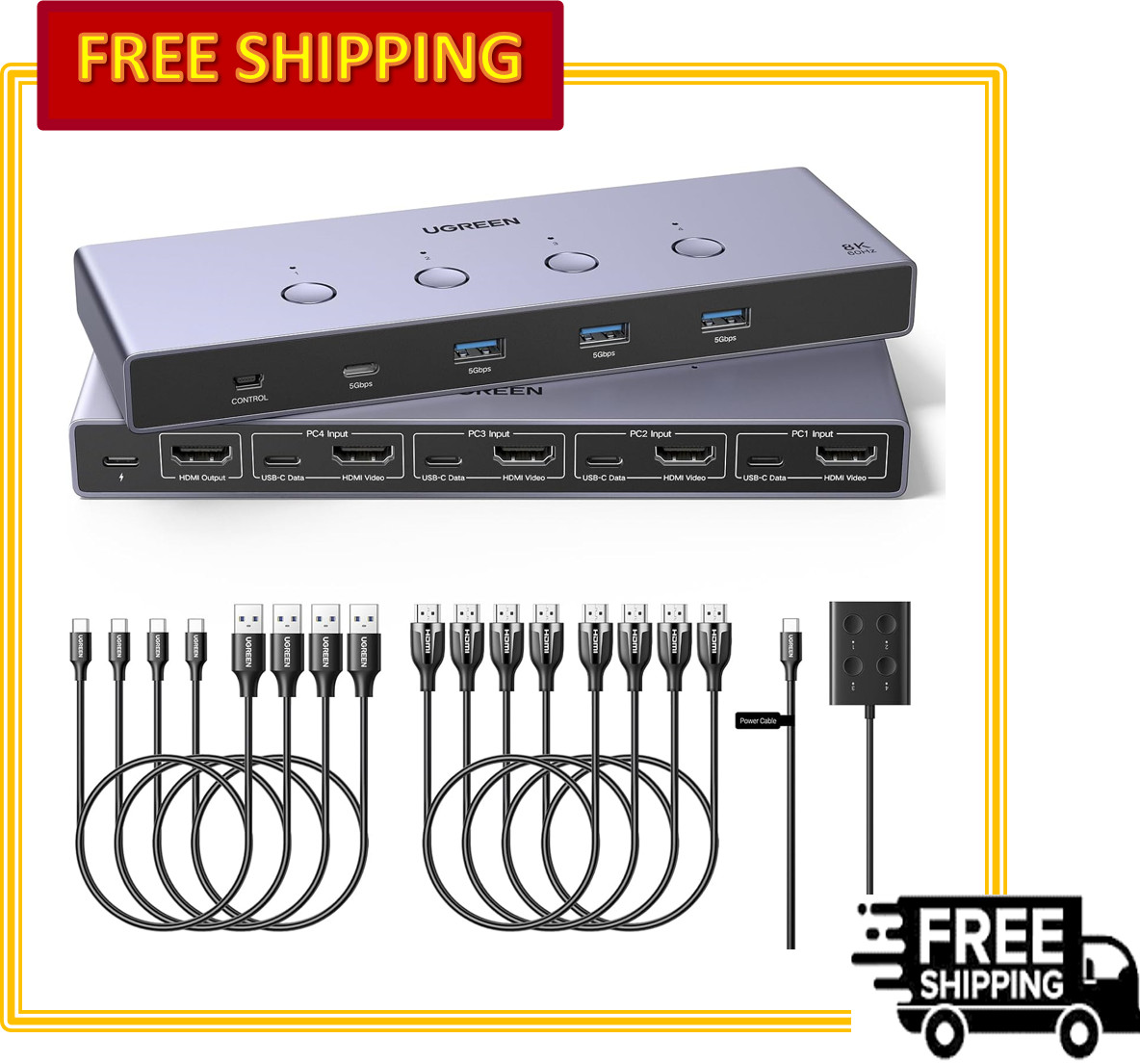 UGREEN 8K@60Hz HDMI KVM Switch 4 Computers 1 Monitor 4 USB 3.0 w/ Controller