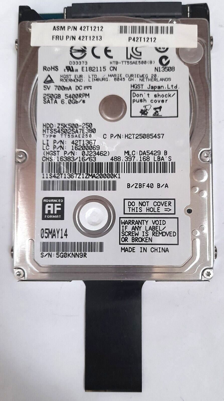 HGST 250GB 5400RPM SATA 6.0Gb/s HARD DRIVE 42T1367 H2T250854S7