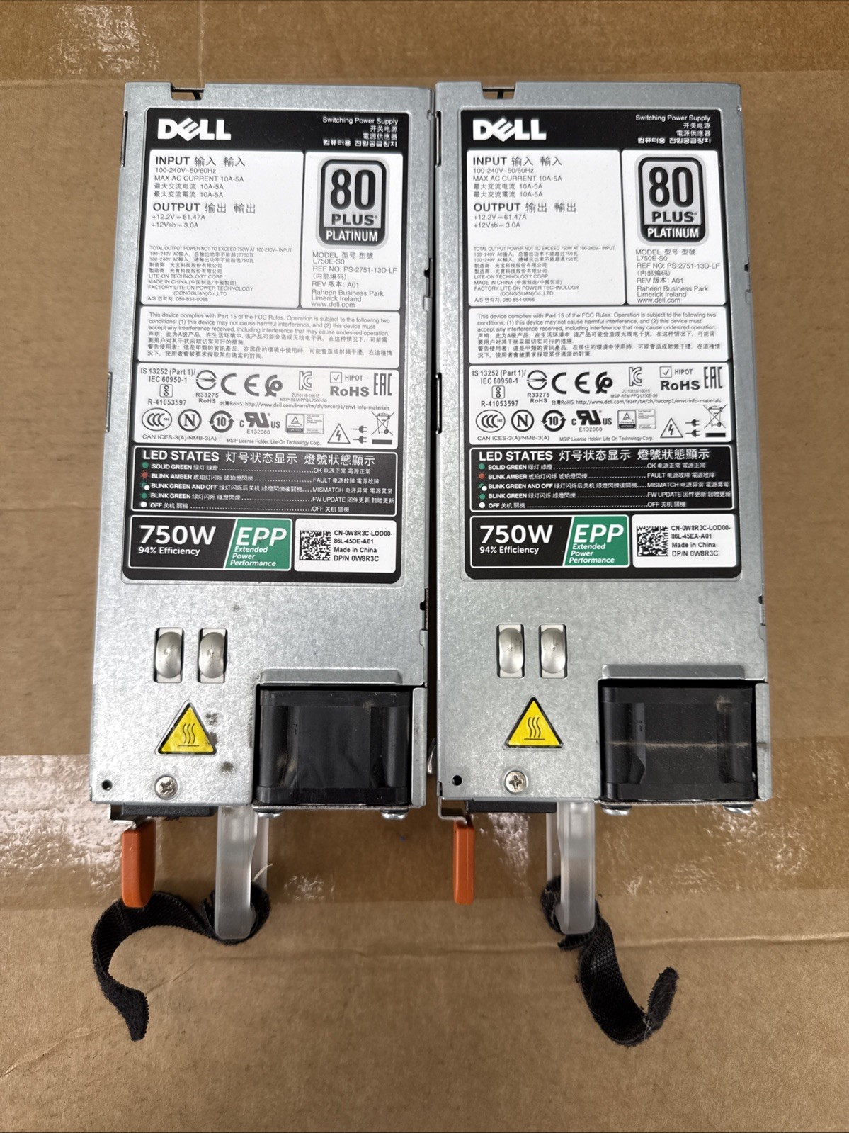QTY 2 - Dell W8R3C 0W8R3C Power Supply L750E-S0 PS-2751-13D-LF 750W PSU