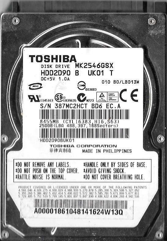Toshiba MK2546GSX HDD2D90 B UK01 T 250GB Sata Hard Drive