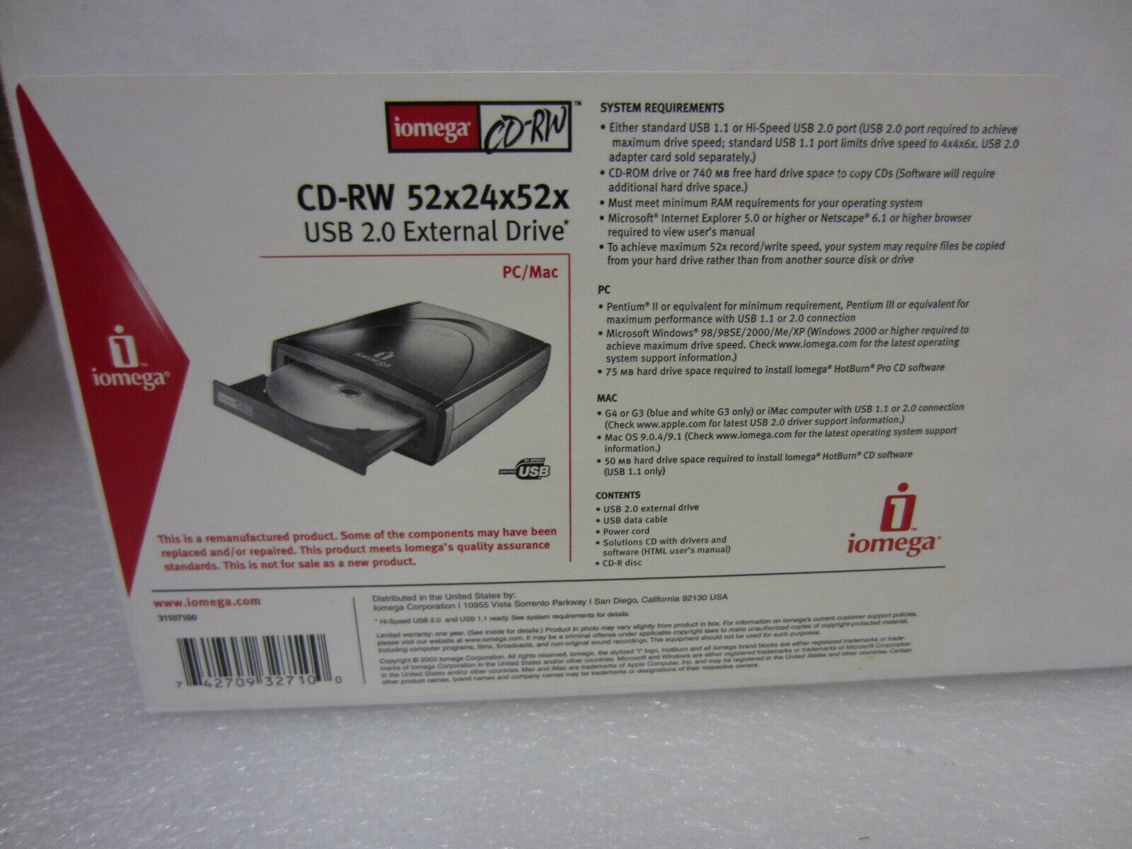 IOMEGA CD-RW 52X24X52X USB 2.0 EXTERNAL DRIVE - SEALED REMAN