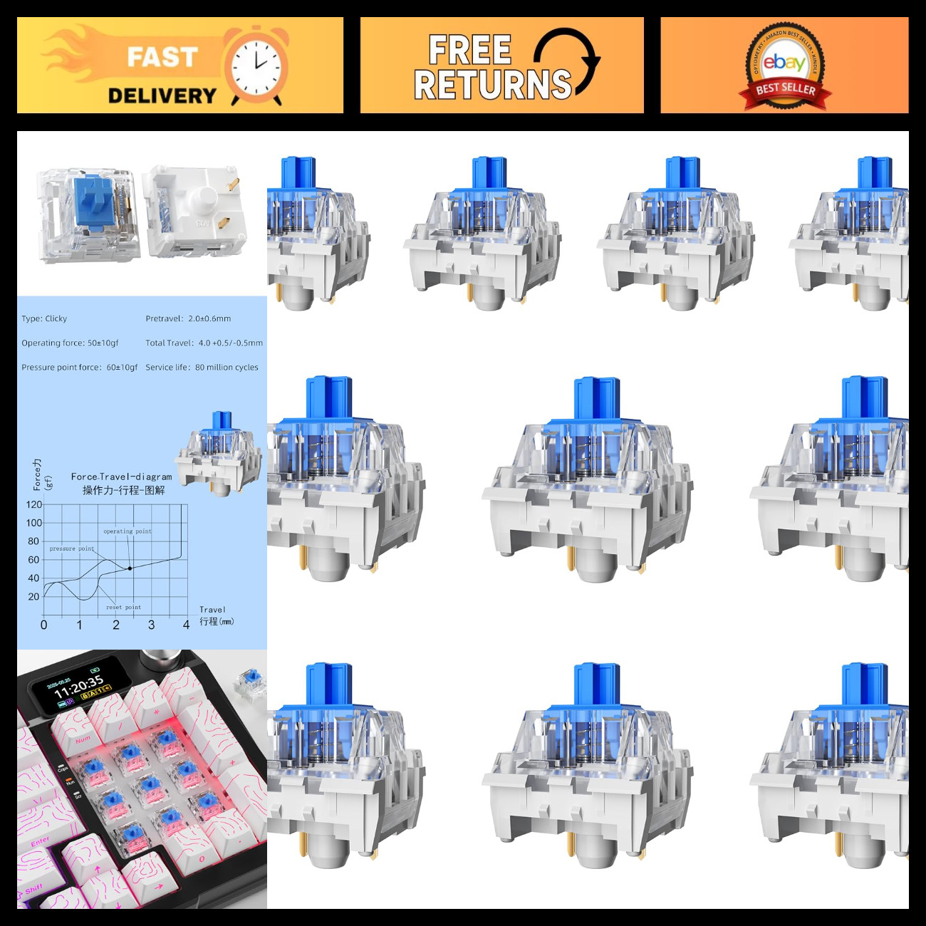 108PCS Blue Click Switches for 3D Printing & Gaming Keyboards - High Precision