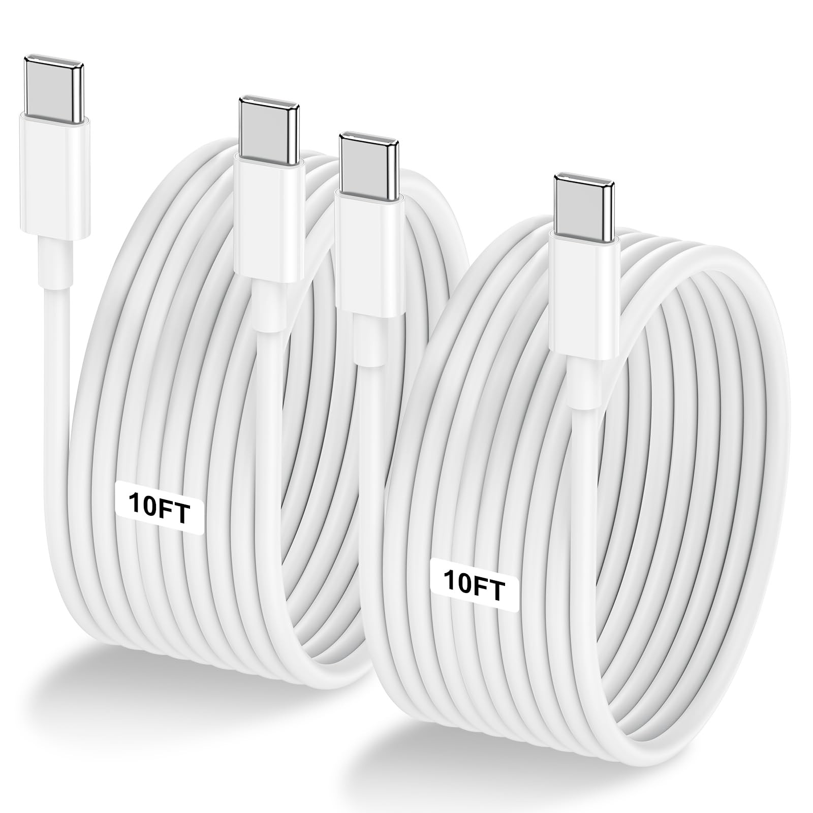 2-Pack 10FT 60W USB C to C Cable, Type C C 10FT+10FT, White