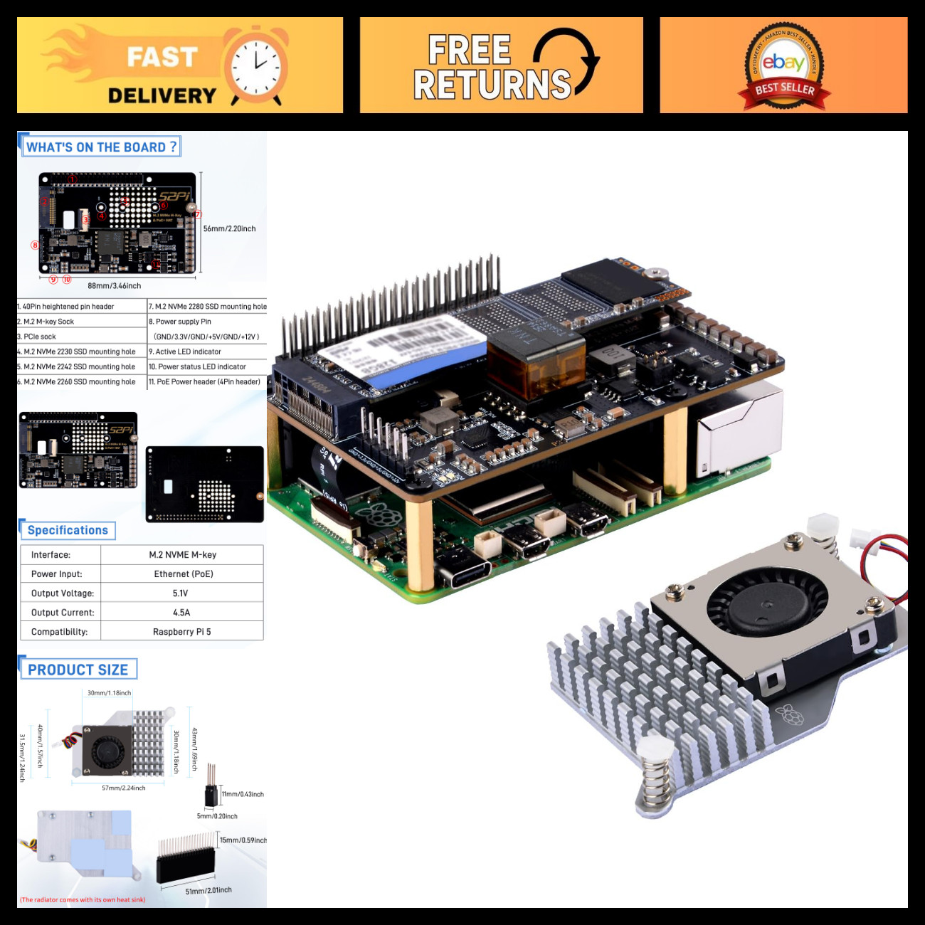 M.2 NVMe M-Key PoE+ Hat for Raspberry Pi 5 + Active Cooler, Supports SSD 2230/22