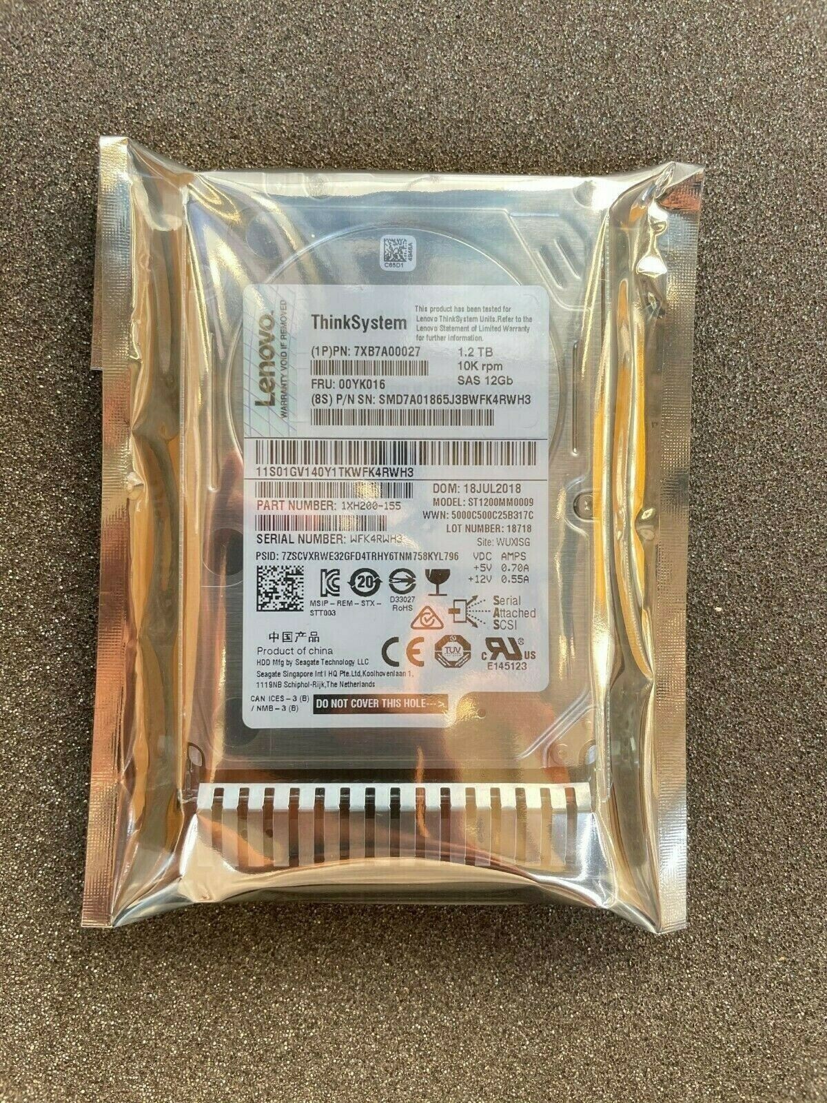 00YK016 Lenovo ThinkSystem 1.2TB 10K SAS 12G 512N 2.5in HDD 7XB7A00027