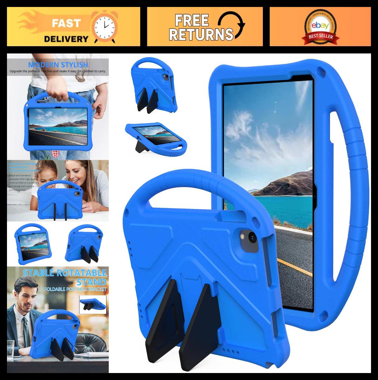 10.1" Kids Tablet Case, Shockproof EVA Cover with Handle & Kickstand - Blue