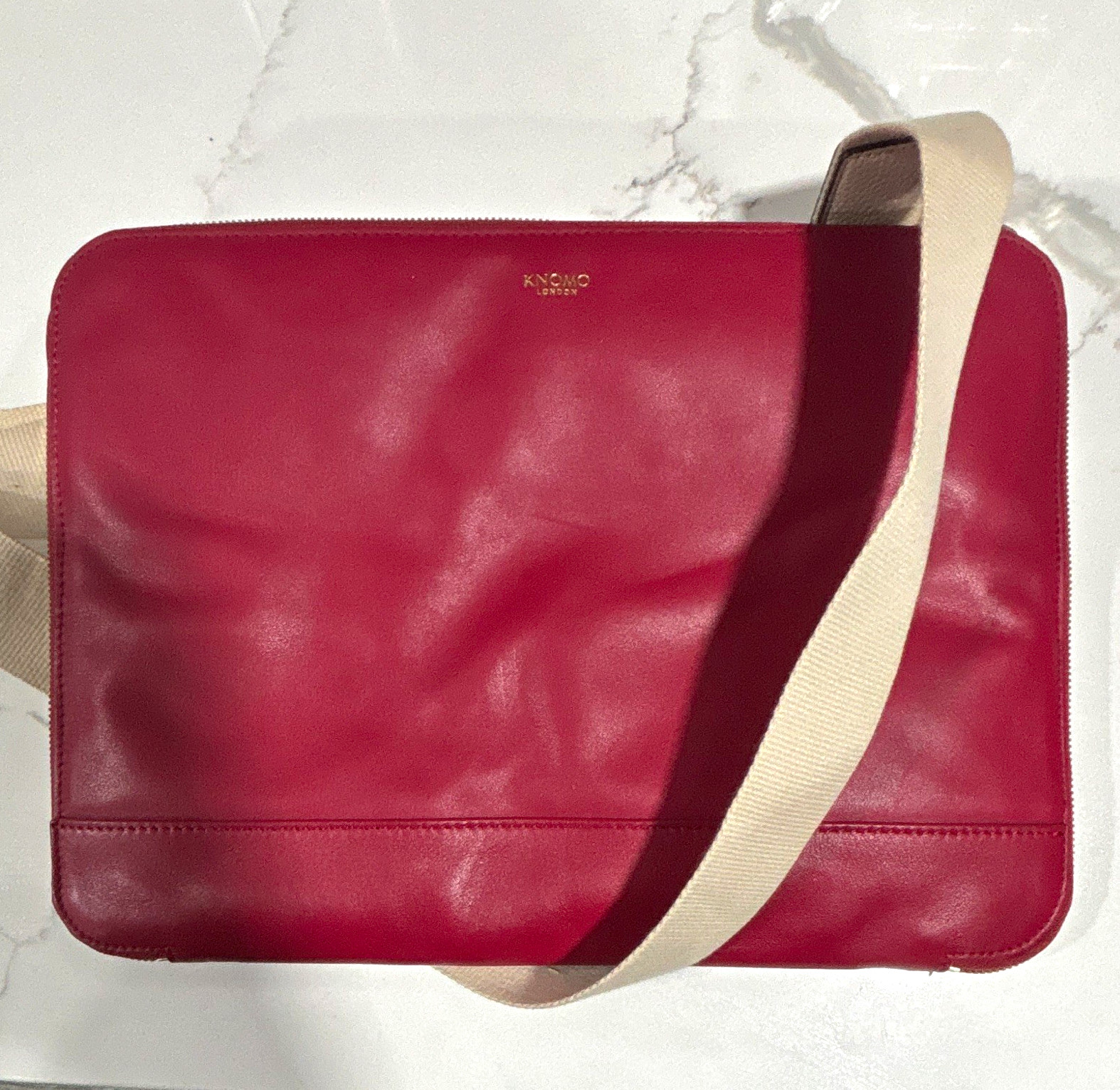 KNOMO London Mason 13in Red Leather Messenger Bag, Adjustable Strap QK 504